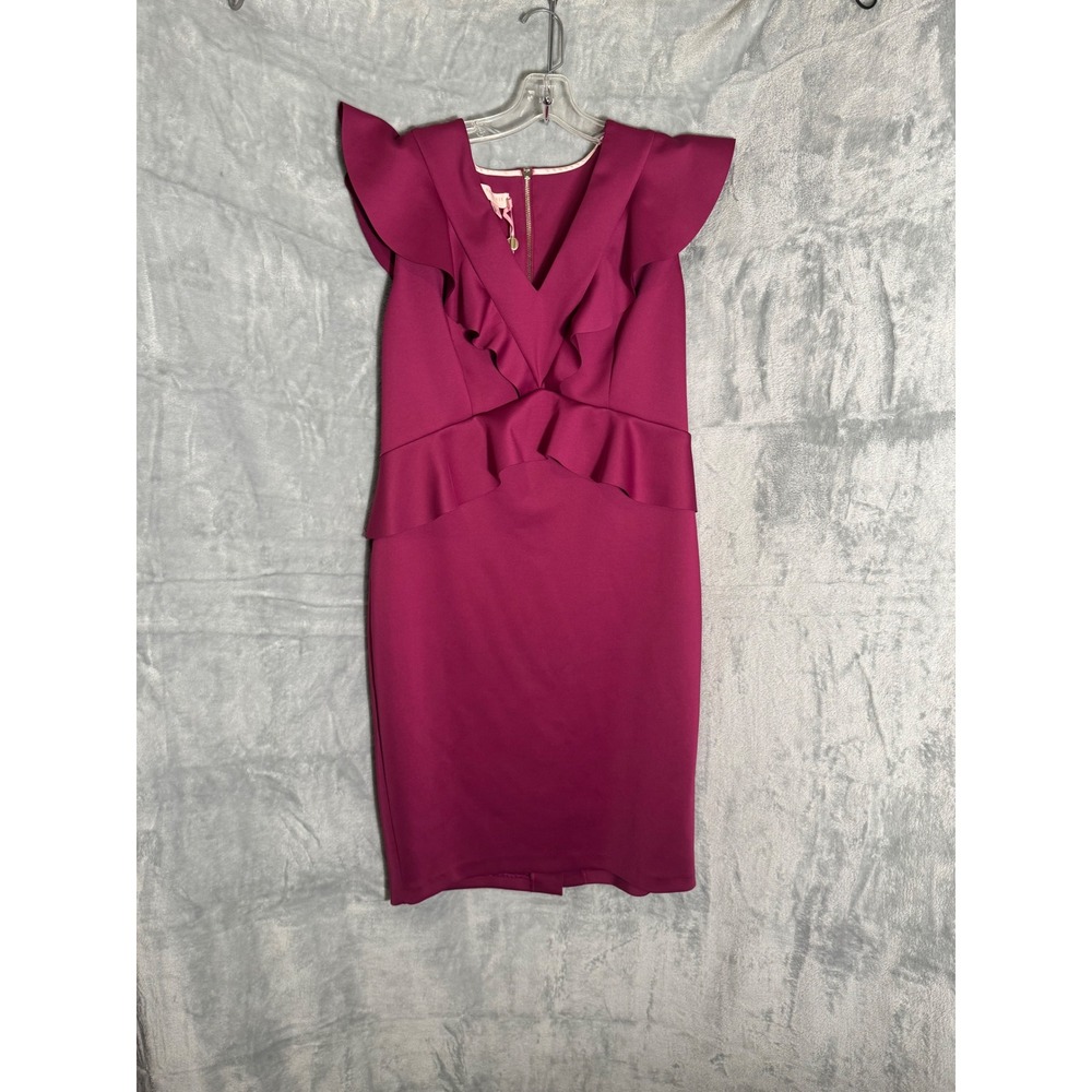 Ted Baker London Alair Peplum Bodycon Dress Pink Ruffle V-Neck WH9W Size 4 NWT